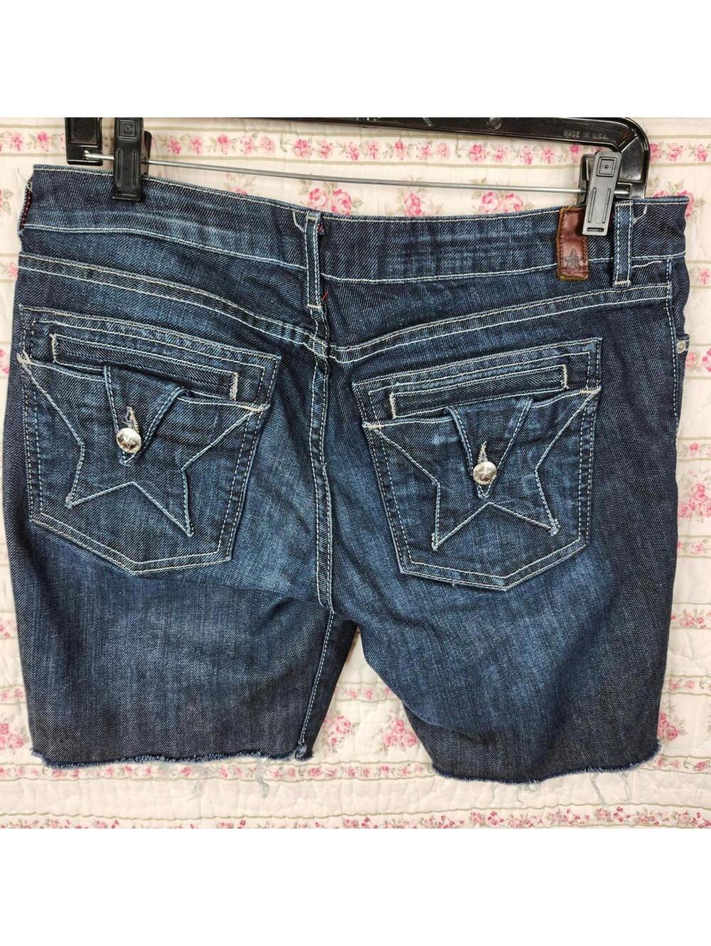 People's Liberation Denim Shorts Star Pocket Raw Hem Dark Wash
